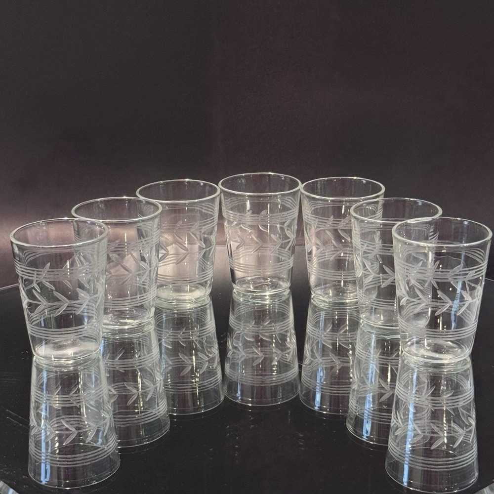 Vintage Anchor Hocking Banded Etched Laurel Leaf 6pc Shot Glass Barware - Picture 2 of 7